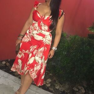 Lucy Paris Red and Cream Leaf Print Midi Dress